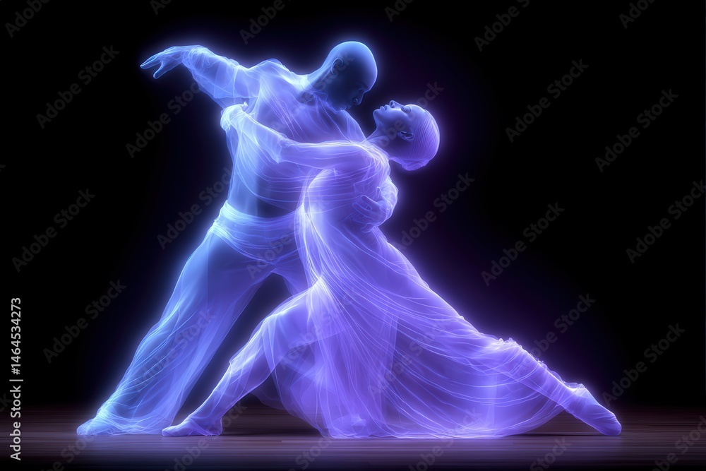 Poster ethereal couple dancing gracefully in a glowing composition showcasing movements and expressions evo