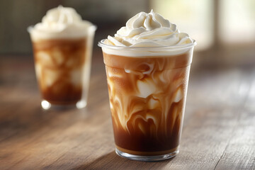 Iced Coffee Drink with Whipped Cream on Wooden Table