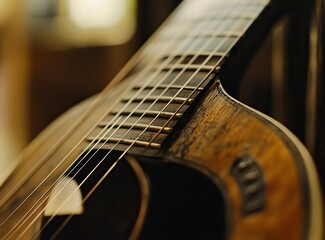Fototapeta premium Close-up of an acoustic guitar with shallow depth of field. The focus is on the strings and body, with a blurred background. Stock photo. 