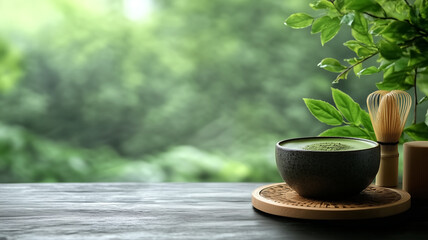 A bowl of matcha on a wooden tray, surrounded by green tea leaves and a bamboo whisk in a natural setting