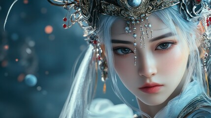 A stunning Asian princess woman with heavenly hair, wearing an ornate headdress, background wallpaper AI generated image