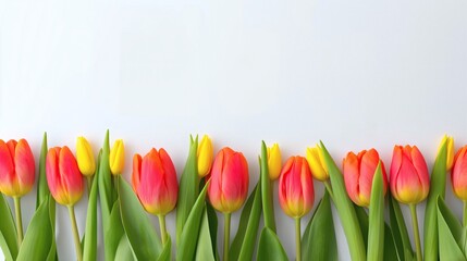 Fototapeta premium Red and yellow tulips on white background, Border of vibrant tulips in spring colors, Concept for seasonal floral design or holiday card