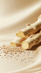 Food composition with a fresh ginger root on a soft beige background with a scattering of sesame seeds in neutral color palette and minimalist style for  food packaging, organic ingredients. 