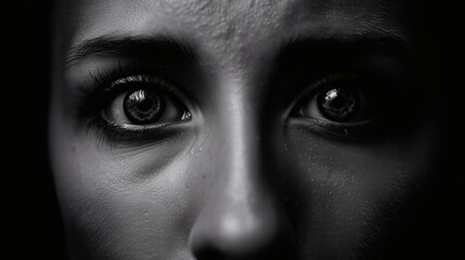 Scared eyes in darkness, Black and white close-up of fear, Ideal for suspense, thriller or fear-based messaging