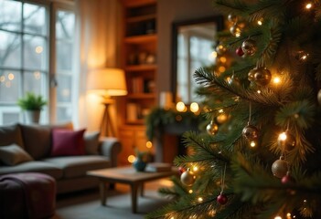Close-up of the modern Christmas tree with simple decorations in a brightly lit living room, decorated with Christmas decorations, sunlight flowing through the window, and Scandy's design