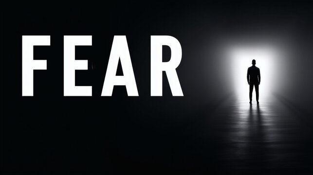 Silhouette with FEAR text in darkness, Man facing bright unknown space, Concept for psychological fear or inner journey