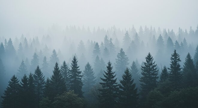 Pine trees shrouded in thick fog, creating a mysterious and tranquil forest atmosphere in soft, diffused morning light.


