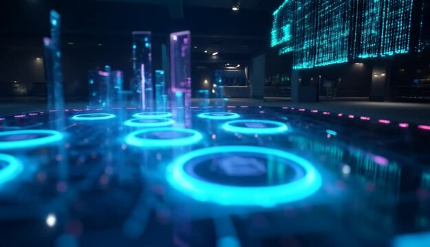 Cyberpunk Holographic UI &ndash; Neon Data Panels Floating in Dark Futuristic Room (4K)
