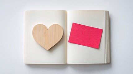 A simple yet cute heart-shaped wooden bookmark placed on the corner of an open notebook