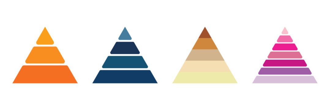 Pyramid infographic set. Colorful vector triangle diagram, triangular pyramid infographics, designed for business presentations, charts, educational materials. pyramid diagrams with ascending levels.