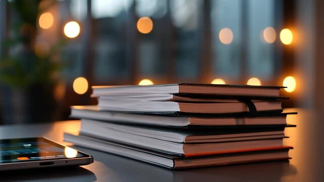 A smartphone rests beside a stack of notebooks on a table, illuminated by soft, warm light from a blurred background of windows and lights