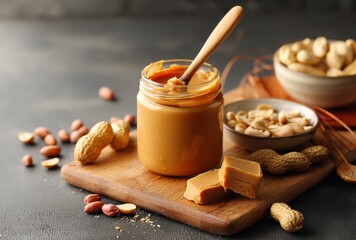 Creamy peanut butter jar with wooden spoon on rustic wooden board surrounded by nuts and chunks, perfect for delicious breakfast or snack recipes
