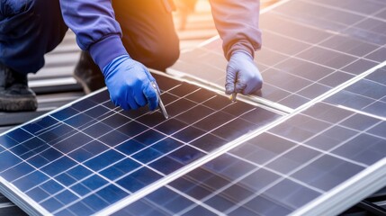 Solar panel installation technician working on rooftop