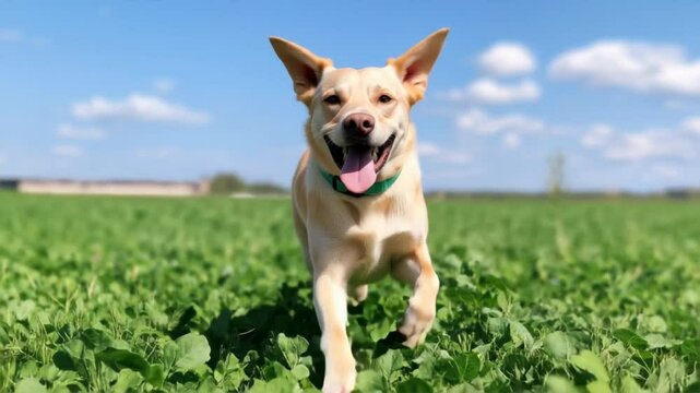 A joyful dog running through a green field under a bright blue sky, embodying happiness and freedom.