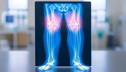 A digital X-ray image displays both legs, highlighting inflamed knee joints