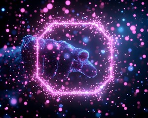 A digital hand points at a glowing hexagon amidst sparkling particles