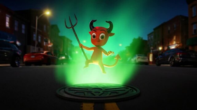 Cartoon Devil Emerges from Sewer on City Street