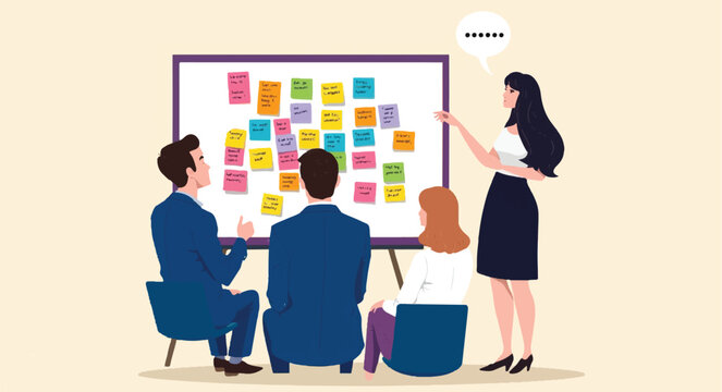 Collaborative Brainstorming Session: Teamwork, Ideas, and Project Planning , Business Workshop Concept. Vector cartoon illustration of a group of diverse people 