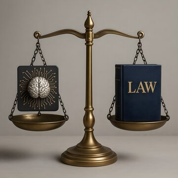 A clean, minimalist icon depicting a perfectly balanced scale: on the left pan rests a stylized brain-shaped microchip, and on the right pan an open law book