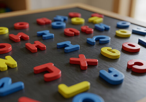 Colorful Magnetic Alphabet Letters on a Blackboard: Early Childhood Education and Learning Resources