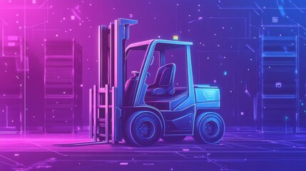 A blue forklift truck in a warehouse setting with purple and blue neon lighting effects around it