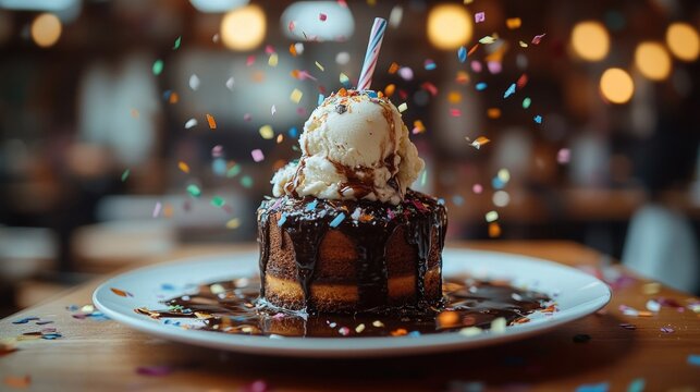 Festive chocolate cake with ice cream and sprinkles