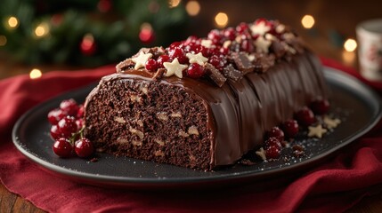 Festive chocolate log cake, adorned with cranberries and chocolate shavings,  deliciously decadent