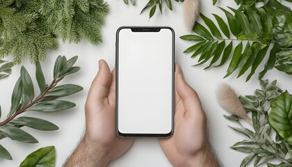 Hands holding smartphone with blank screen, surrounded by lush green foliage on white background