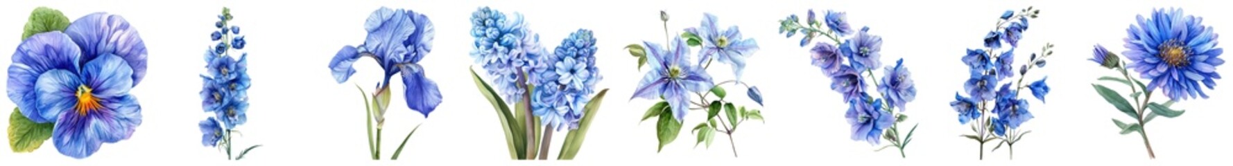Delicate Blue Floral Collection Featuring Various Flower Types for Artistic and Nature-Inspired Designs