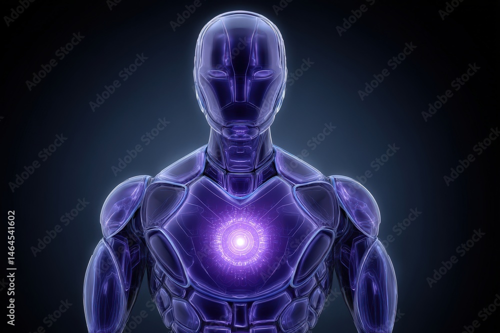 Poster futuristic robot figure illuminated with vibrant purple light showcasing advanced technology and des