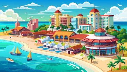 Panorama of city Clearwater Beach FL. Clearwater Beach Florida. Summer vacations in Florida. Beautiful View on Hotels and Resorts on Island. America USA. Gulf of Mexico. Street photography.