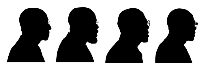 Set of silhouettes of an elderly Black man wearing glasses – vector illustration