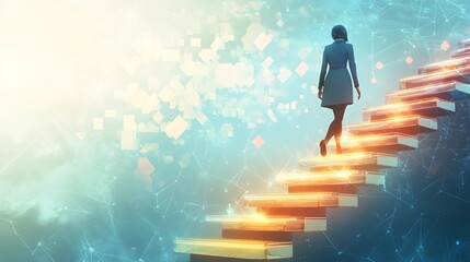 Abstract illustration of a person ascending a stairway of books.