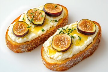Toasted bread topped with creamy cheese, fig slices, and honey drizzle, garnished with fresh thyme