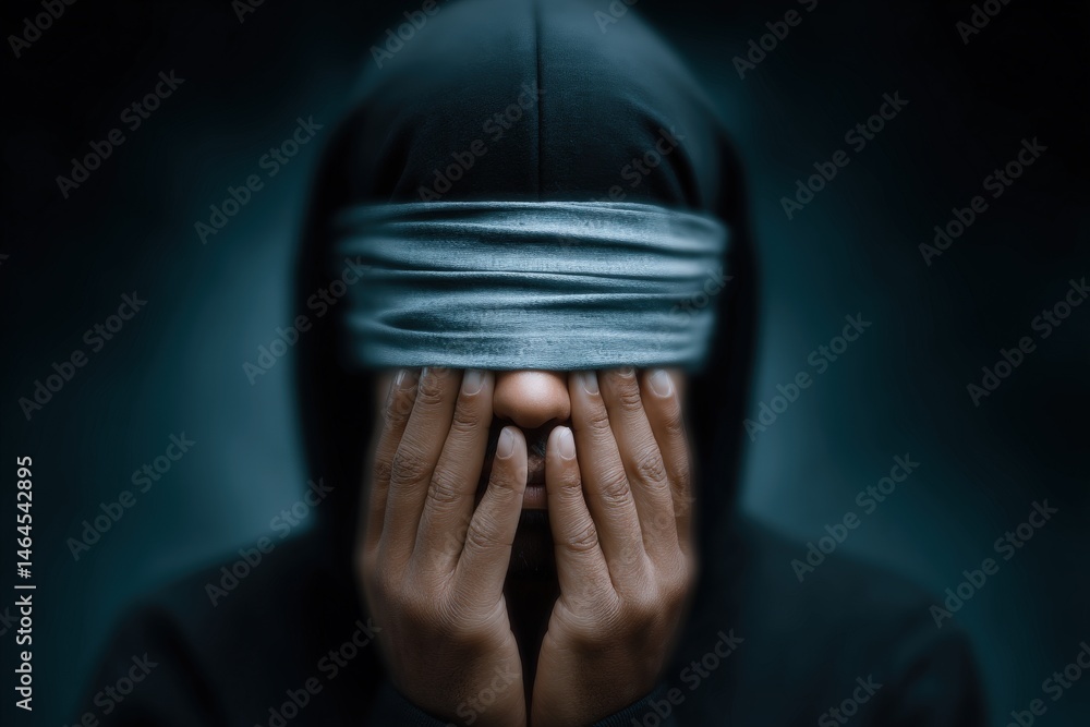 Poster a person with their eyes covered by a cloth expressing deep contemplation and introspection in a moo
