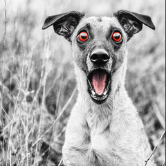 Obraz premium Surreal black-and-white photo of a dog with exaggerated red cartoon eyes and a shocked, open-mouthed expression. Ideal for visual satire, absurd humor, or design with a twist.