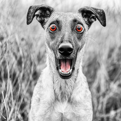 Surreal black-and-white photo of a dog with exaggerated red cartoon eyes and a shocked, open-mouthed expression. Ideal for visual satire, absurd humor, or design with a twist.