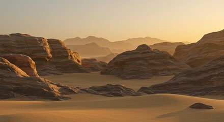 Naklejka premium Desert Dawn: A breathtaking landscape of undulating sand dunes and majestic rock formations unfolds, bathed in the warm embrace of the early morning sun.