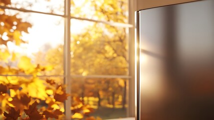 Autumnal window view with a modern display device.