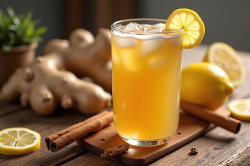 Fototapeta premium Glass Of Cinnamon Ginger Tonic With Lemon Slices, Fresh Roots And Sticks On Rustic Wooden Table, Natural Warm Lighting, Clean Background, Functional Medicine Health Drink Concept