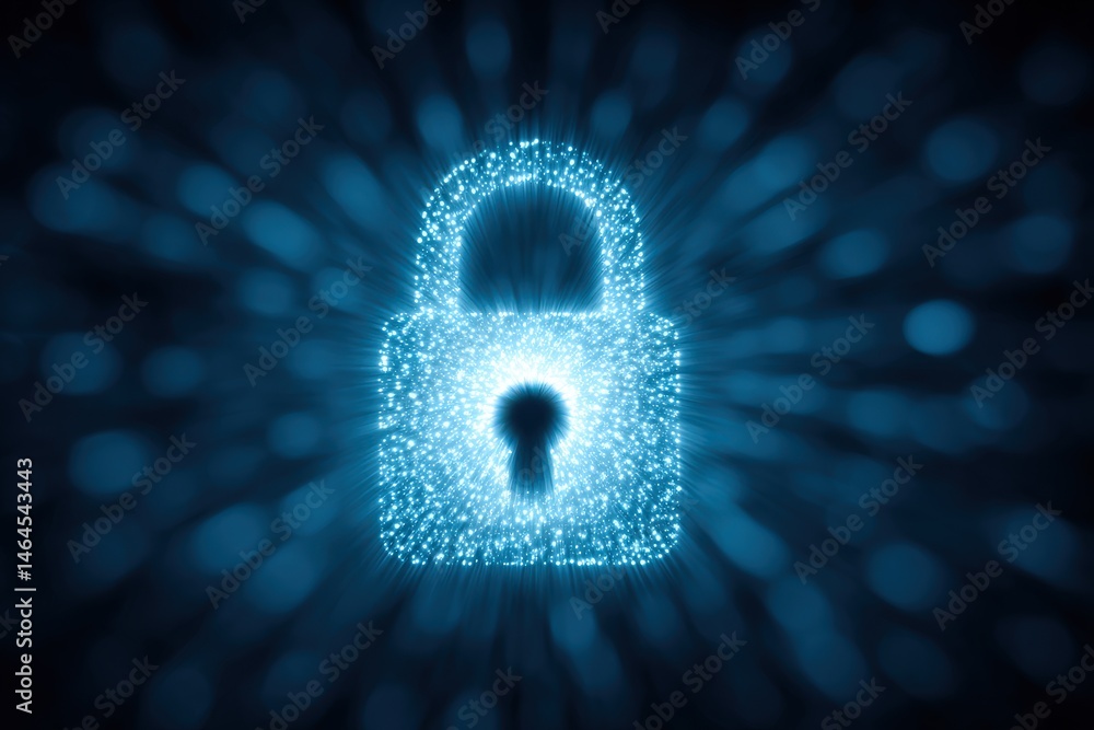 Poster digital padlock glowing with sparkles and blue light creating a sense of security and protection in 