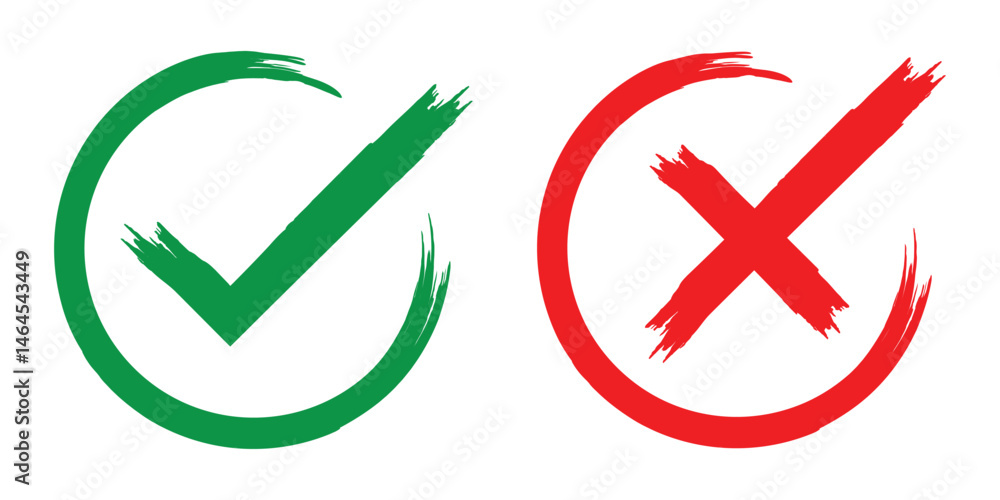 Poster grunge brush stroke checkboxes with tick and cross symbols. a hand drawn grunge style vector illustr