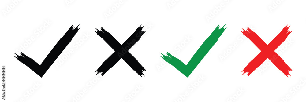 Poster grunge brush stroke checkboxes with tick and cross symbols. a hand drawn grunge style vector illustr