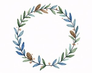 Soft Watercolor New Year Wreath with Pinecones, Mistletoe, and Pastel Blue Accents for Calligraphy