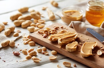 Fototapeta premium Creamy Peanut Butter Spread with Peanuts and Honey on Wooden Board Surrounded by Nuts and Natural Ingredients in Cozy Kitchen Setting