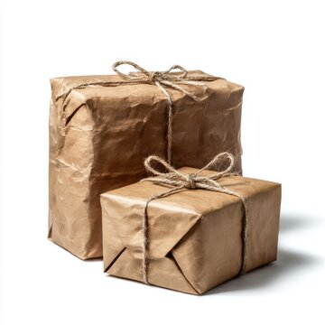 Two brown paper packages isolated on white background