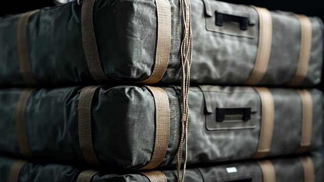 Close-up view of three dark-green rectangular packages stacked, each secured with tan straps, set against a black background.  The image has a moody, mysterious atmosphere