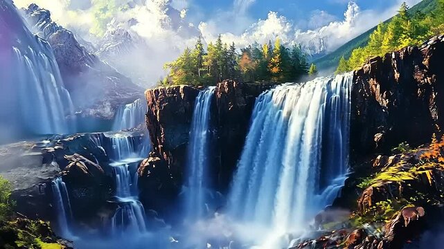 Majestic Waterfalls Flowing Down Mountainsides Through Forest Artistic Visualization