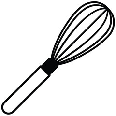 A simple black and white outline depicts a wire whisk used for culinary tasks