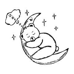 Cute cartoon chubby bear sleeping on a crescent moon, vector hand-drawn.